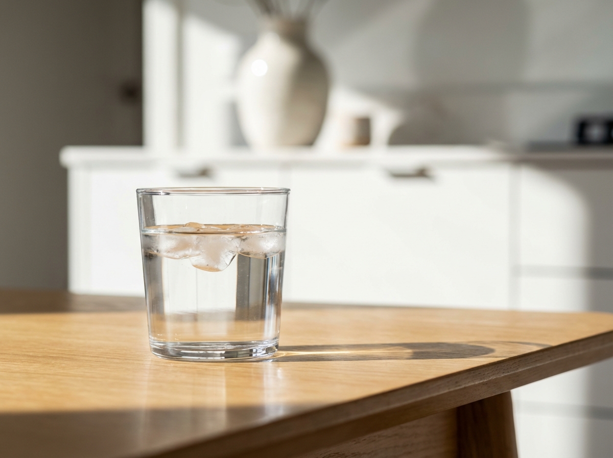 A clean glass of water on a table with soft focus background, modern and clean photography style, high contrast, 4:3 aspect ratio, no text
