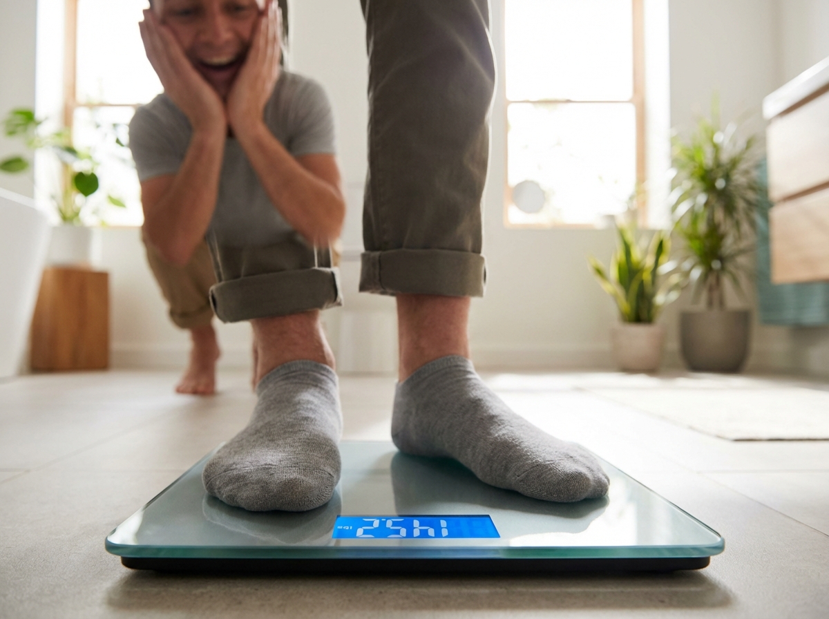 Close up of feet on a modern digital weight scale showing a lower number, person looking surprised, bright indoor setting, lifestyle photography, 4:3 aspect ratio, no text