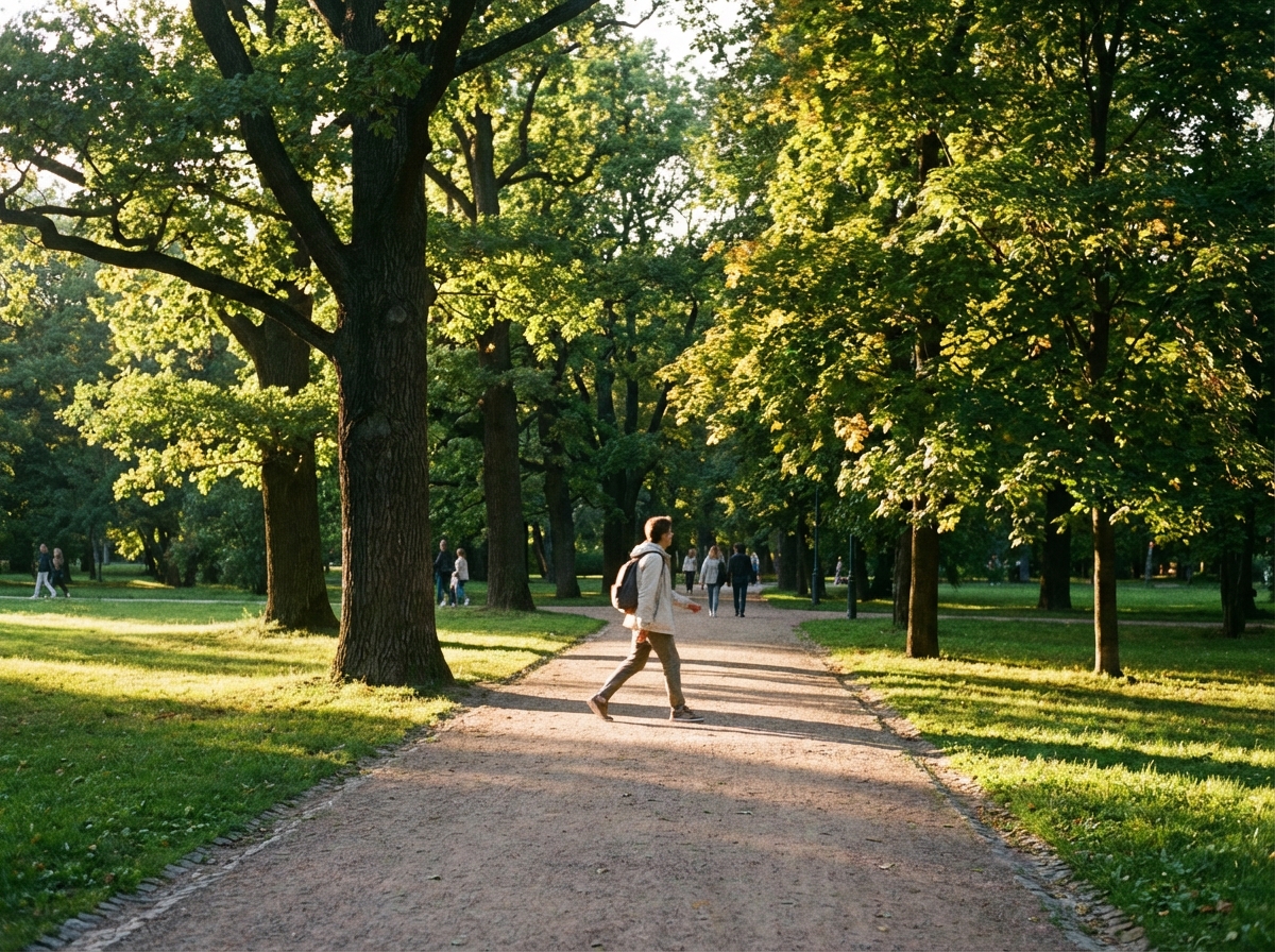 A person walking briskly in a beautiful park with green trees, bright afternoon sunlight, high quality realistic photography, 4:3 aspect ratio, no text