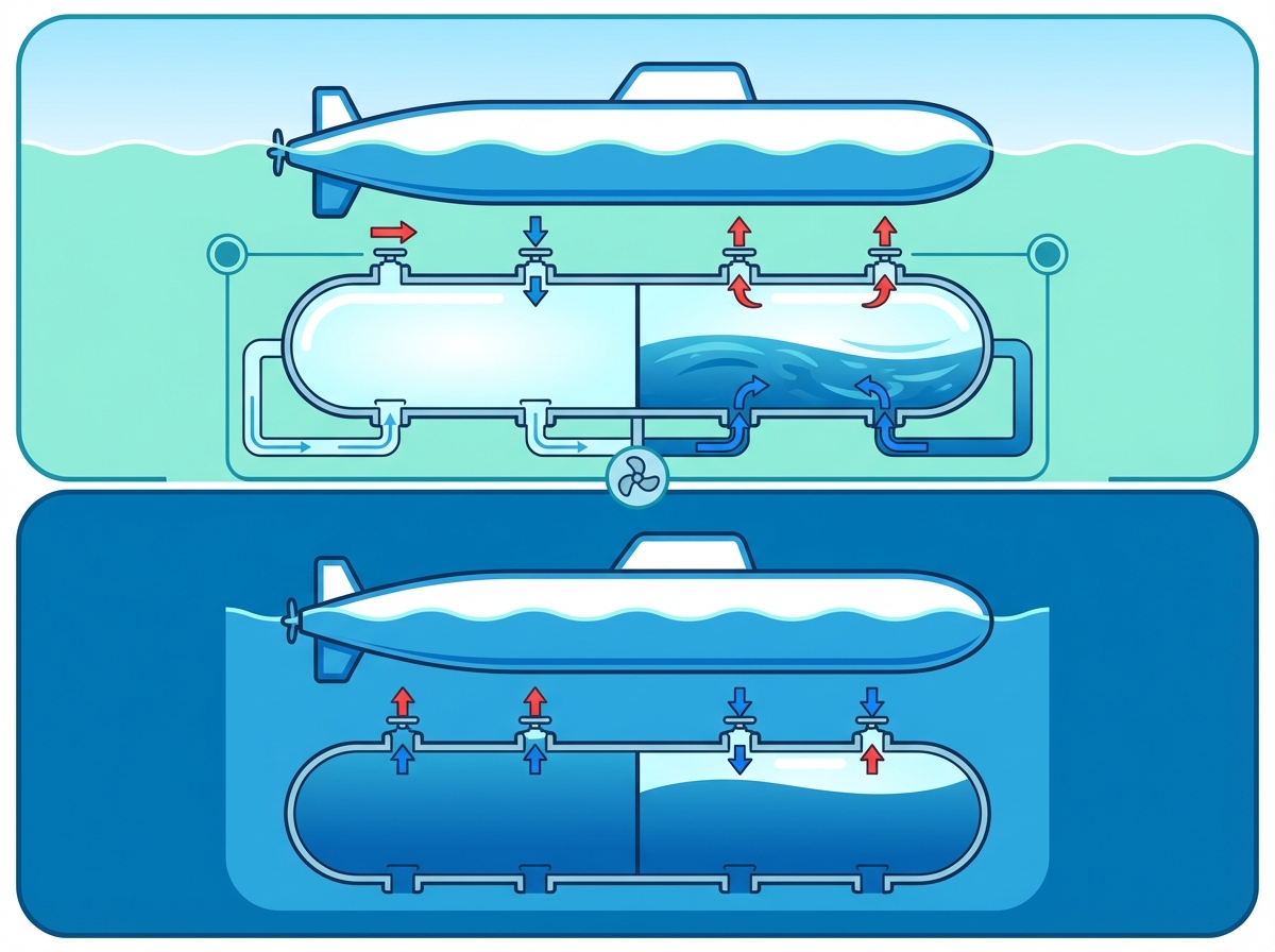 Informational infographic showing a submarine's ballast tank filling with water and air, cutaway view, clean layout, bright colors, 4:3 aspect ratio, no text