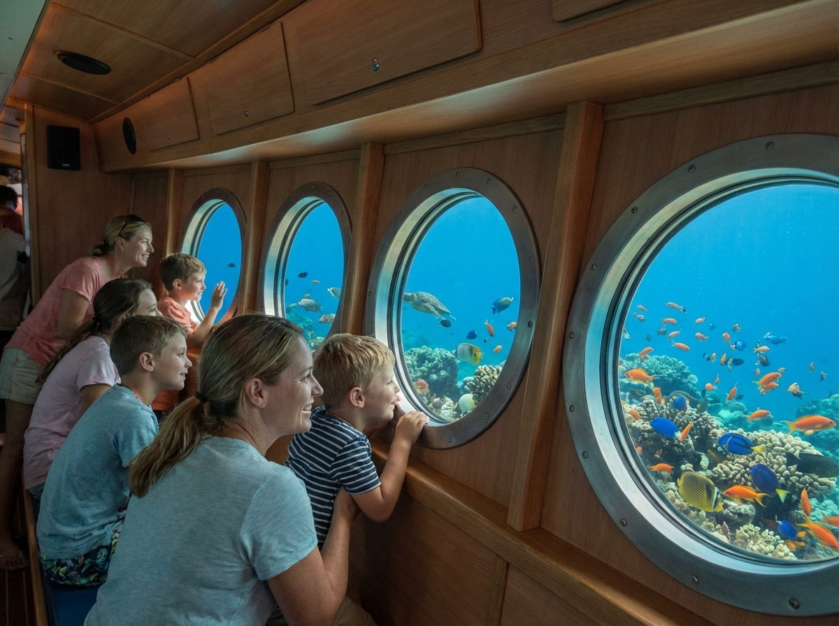 People looking through round windows of a tourist submarine at colorful coral reefs and fish, warm interior lighting, lifestyle photography, 4:3 aspect ratio, no text
