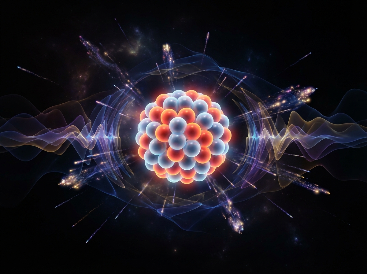 A 3D scientific visualization of an unstable atomic nucleus with glowing protons and neutrons, emitting energy waves and particles into dark space, high contrast, cinematic lighting, 4:3, no text
