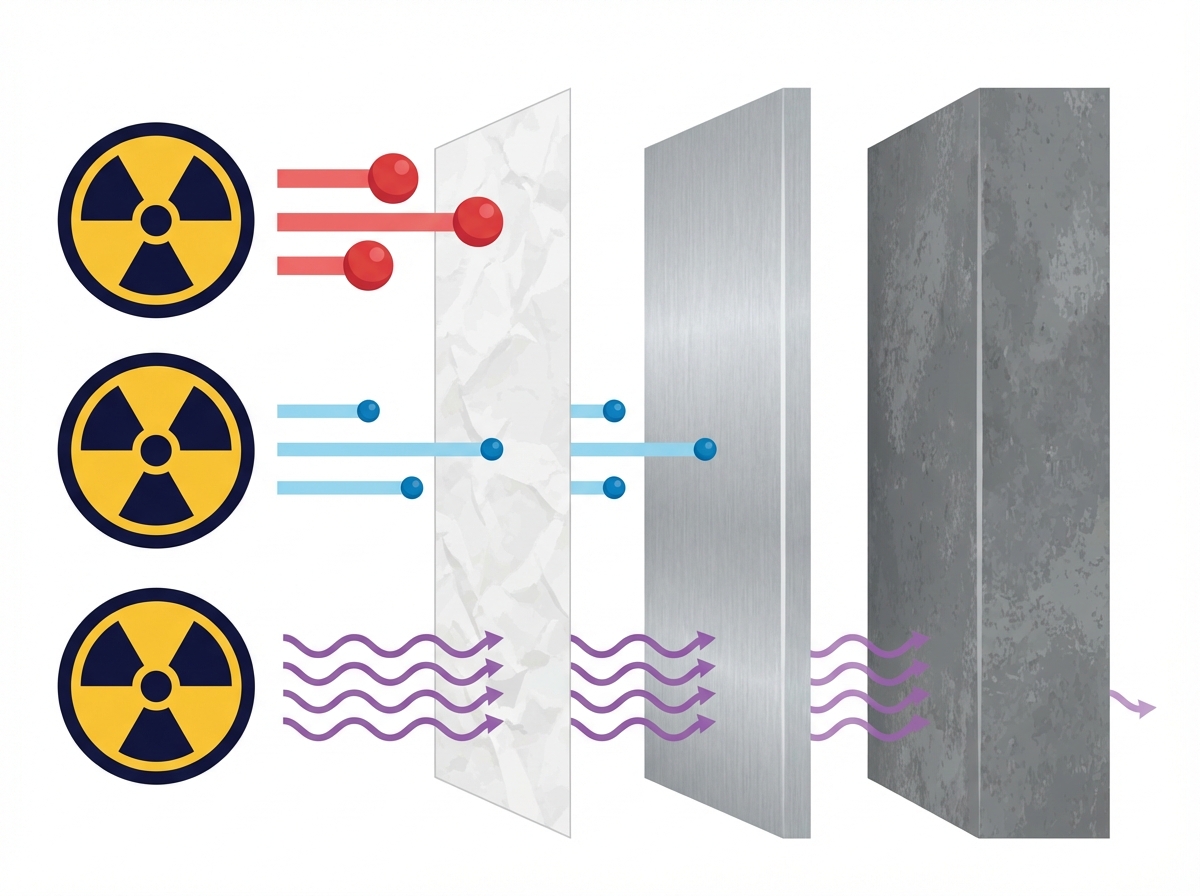 A clean infographic style illustration showing alpha, beta, and gamma rays hitting different barriers like paper, aluminum, and lead, scientific and educational layout, 4:3, no text