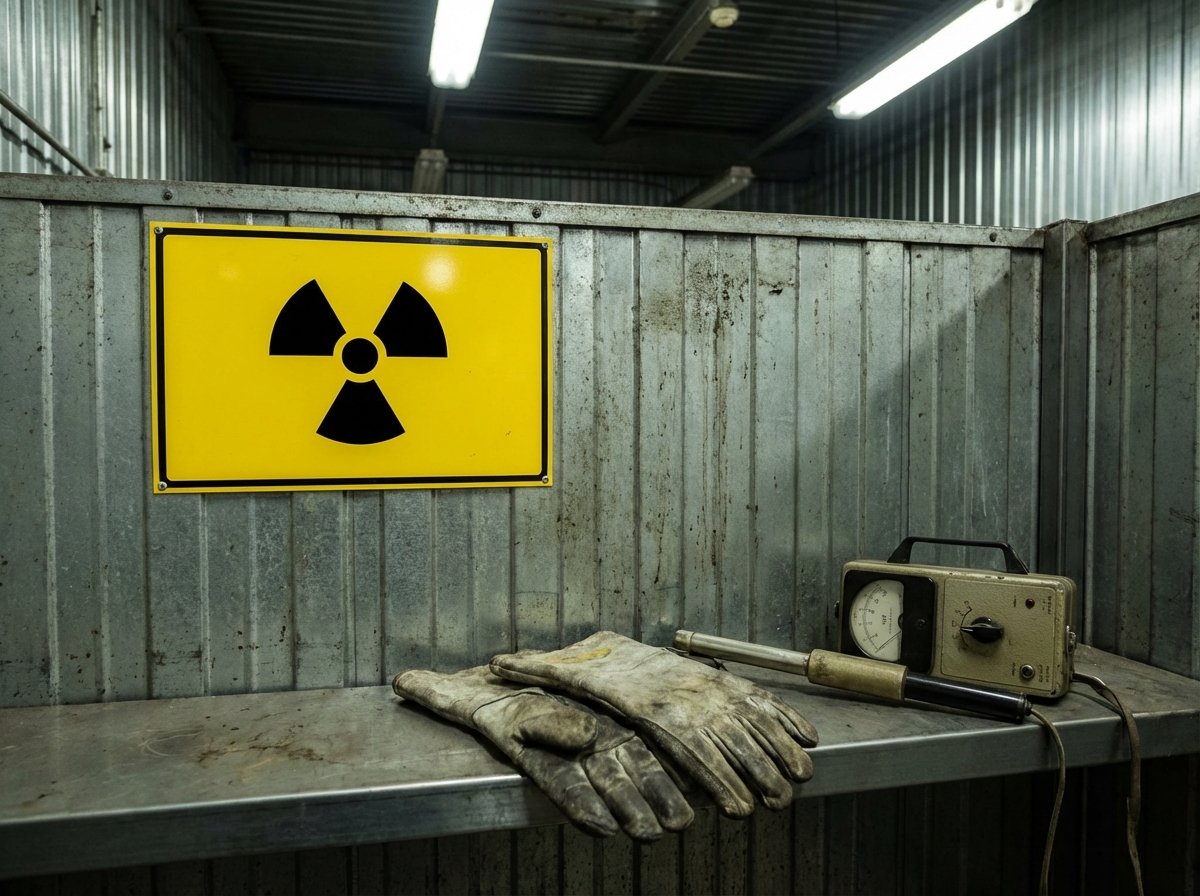 A yellow radioactive warning sign on a metallic wall with protective lead gloves and a Geiger counter nearby, industrial safety concept, 4:3, no text