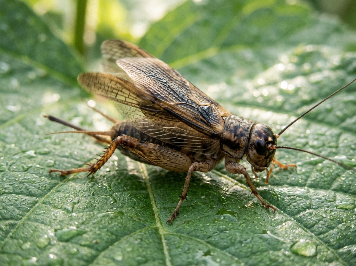 A close-up realistic macro photography of a male cricket with its wings slightly raised and rubbing together to create sound, set in a natural green leaf environment, soft natural lighting, high detail, 4:3 aspect ratio, no text.