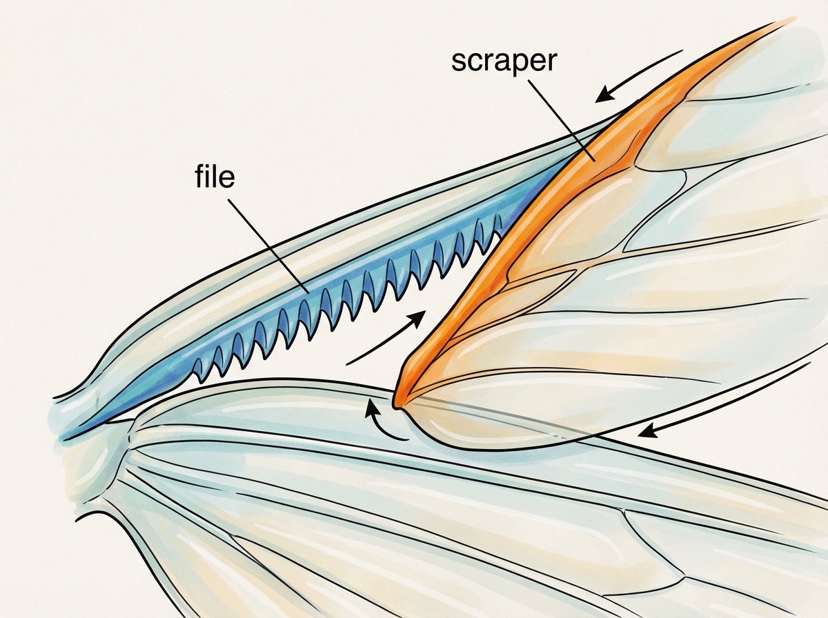 An educational illustration showing a detailed close-up of a cricket wing structure, highlighting the serrated 'file' and the 'scraper' parts, clean scientific diagram style, vibrant colors, 4:3 aspect ratio, no text.