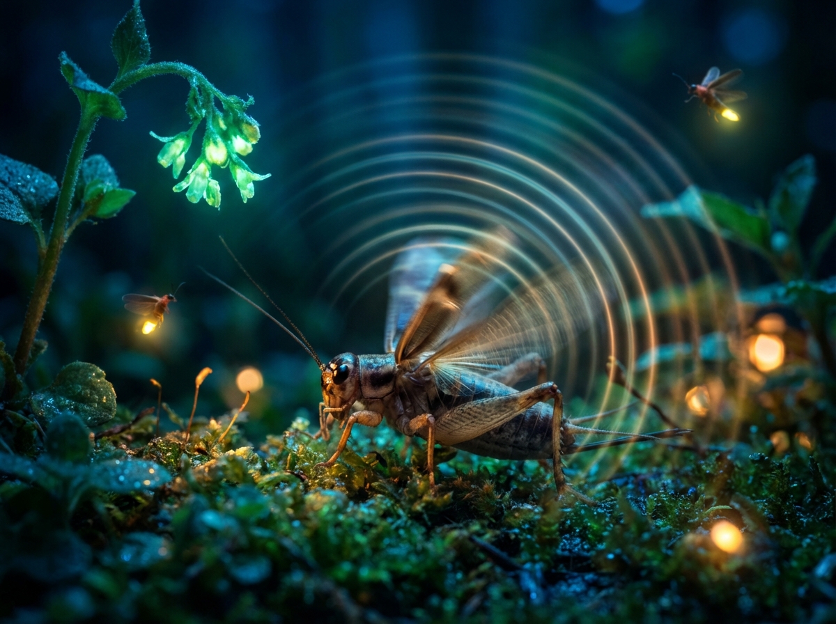Artistic rendering of a cricket vibrating its wings with visible sound wave ripples in the air, dark night background, glowing subtle lights, cinematic lighting, 4:3 aspect ratio, no text.
