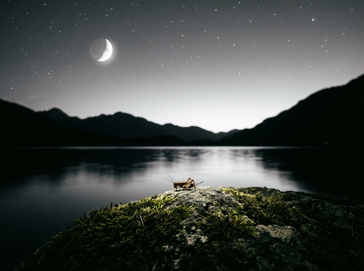 A serene night landscape with a moon in the sky, focus on a small cricket on a rock in the foreground, calm and peaceful atmosphere, high contrast, 4:3 aspect ratio, no text.
