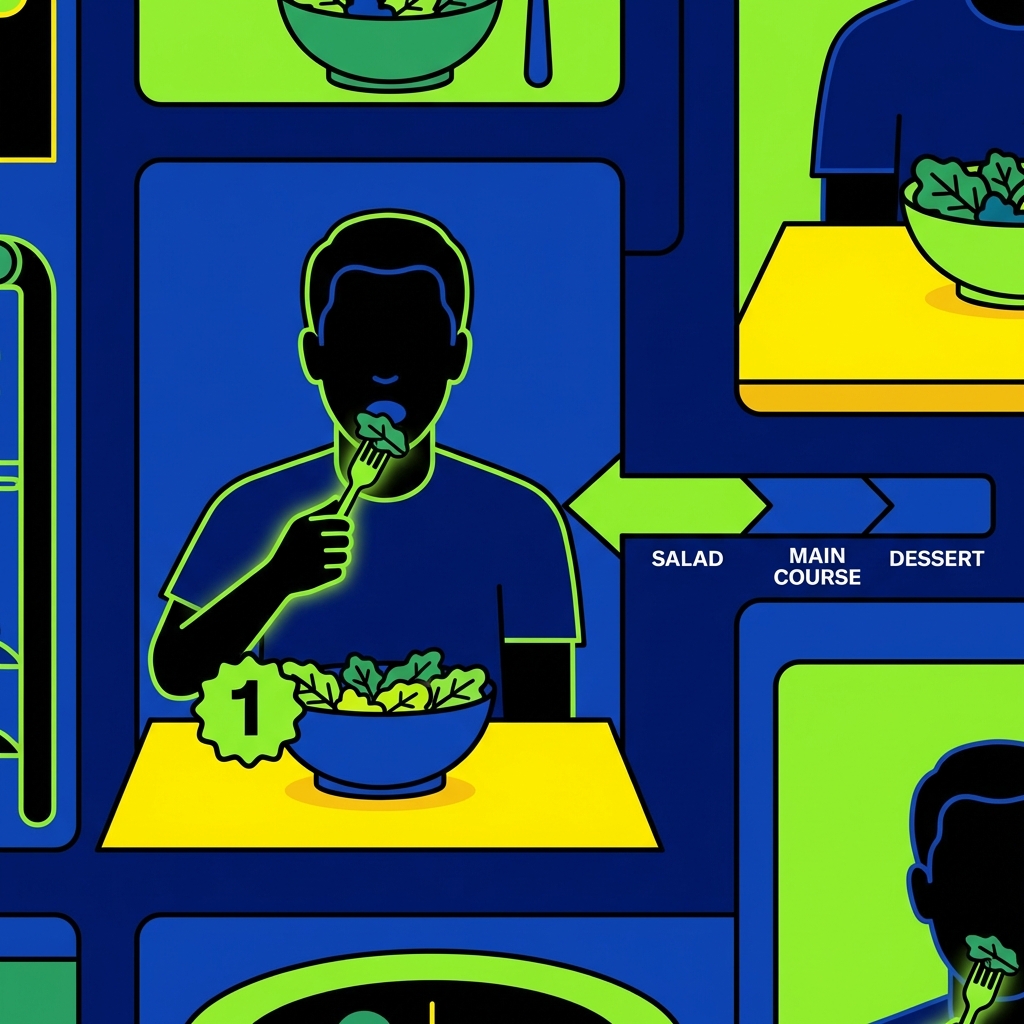 A person eating a fresh green salad first during a meal at a bright dining table, high contrast infographic style, modern layout, 1:1, no text