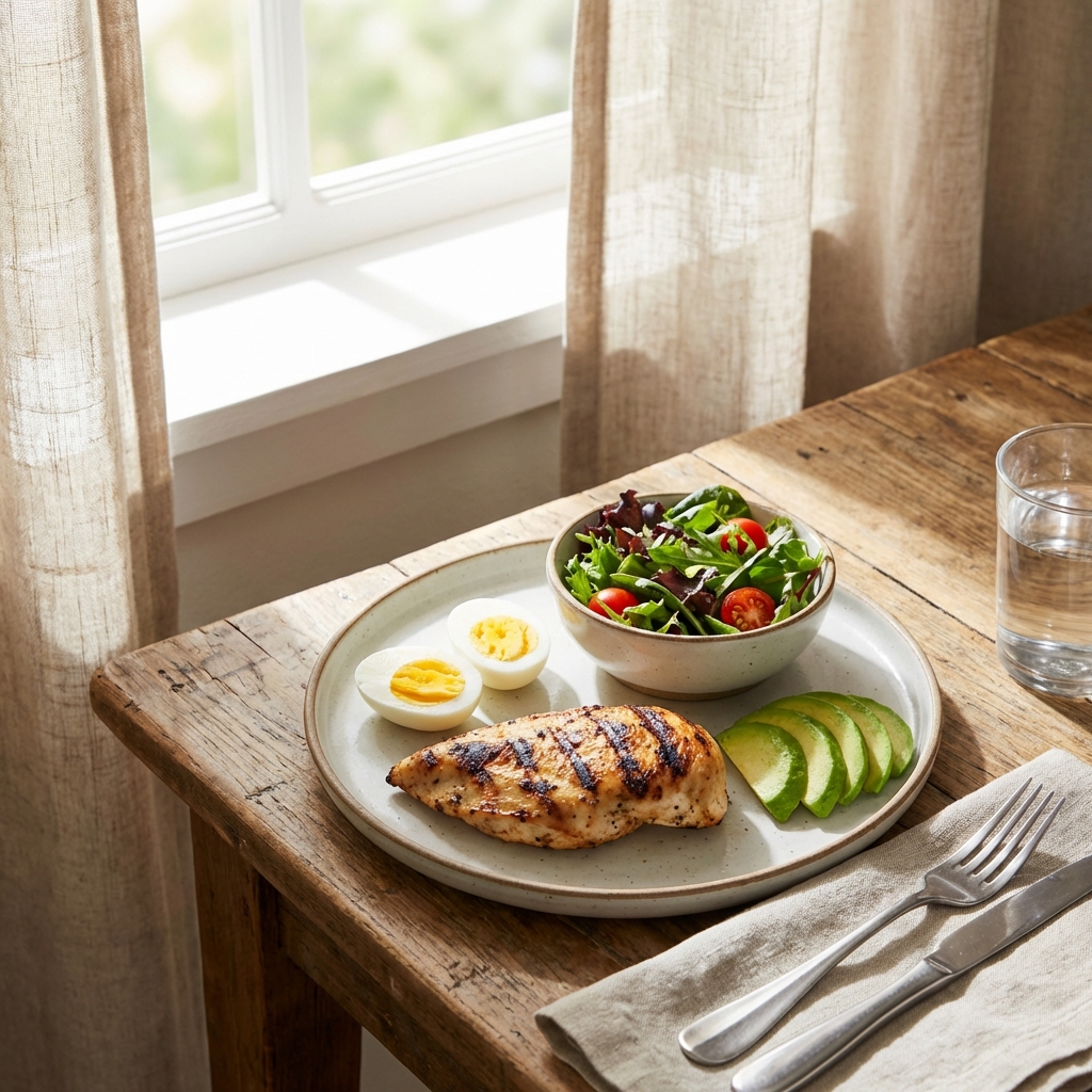 A balanced meal plate with grilled chicken breast eggs and avocado on a wooden table, natural sunlight, lifestyle photography, 1:1, no text