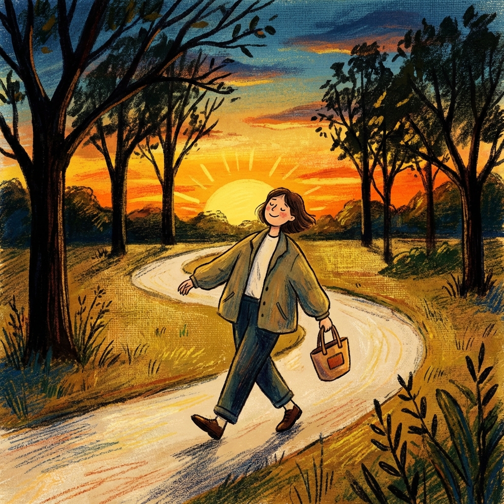 An illustration of a person walking lightheartedly in a park during sunset after a meal, artistic rendering, textured background, 1:1, no text