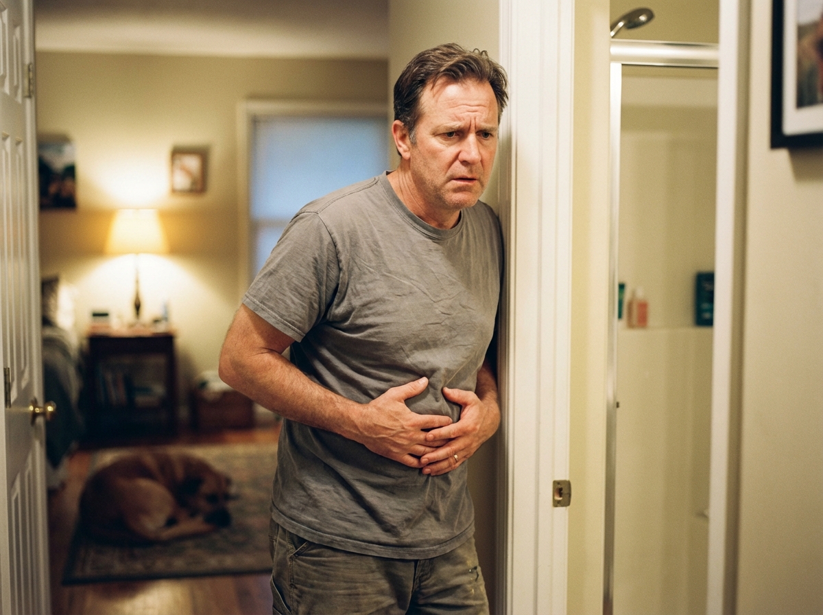 A realistic lifestyle photo of a middle-aged man standing near a bathroom door with a concerned facial expression, holding his stomach slightly. Warm indoor lighting, soft focus background, natural domestic setting. 4:3 aspect ratio, no visible text.