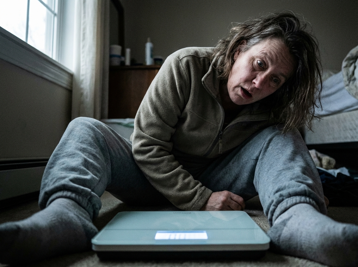 A realistic photo of a person looking at a digital scale with a surprised expression, appearing tired and worn out. Soft natural light from a window, cinematic photography style, focus on the person's expression and body language. 4:3 aspect ratio, no text.