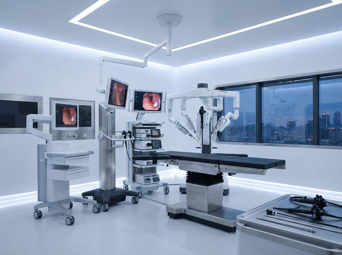 A high-tech medical room with advanced endoscopy equipment. Clean, sterile environment with soft lighting on the professional medical tools. Modern healthcare technology theme, sophisticated and reliable atmosphere. 4:3 aspect ratio, no text.
