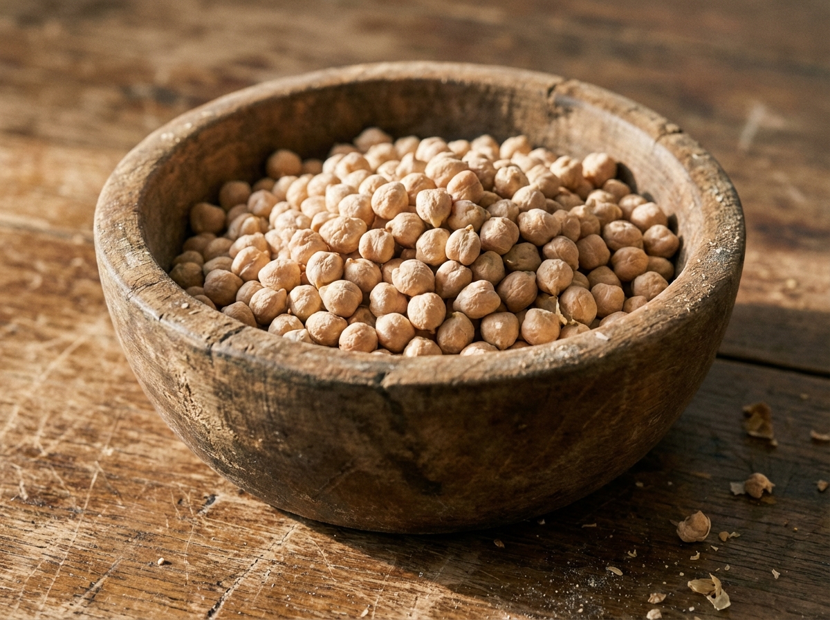 A wooden bowl filled with dry chickpeas on a rustic wooden table, soft natural sunlight, macro shot, high resolution, 4:3 aspect ratio, no text.