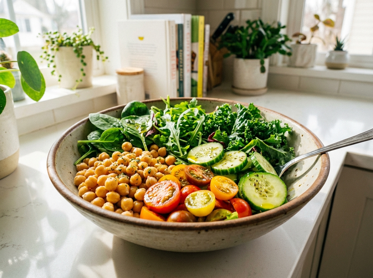 A healthy salad bowl with cooked chickpeas, cherry tomatoes, cucumbers, and leafy greens, bright kitchen background, lifestyle photography, 4:3 aspect ratio, no text.