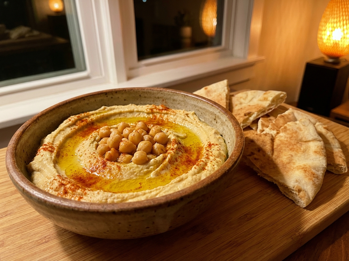 Delicious homemade hummus in a bowl topped with olive oil and chickpeas, served with pita bread, warm interior lighting, 4:3 aspect ratio, no text.