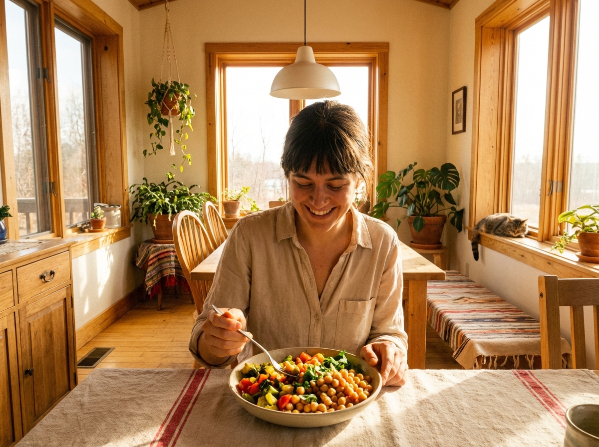 A person enjoying a healthy meal containing chickpeas in a sunlit dining room, cozy and warm atmosphere, high quality photography, 4:3 aspect ratio, no text.