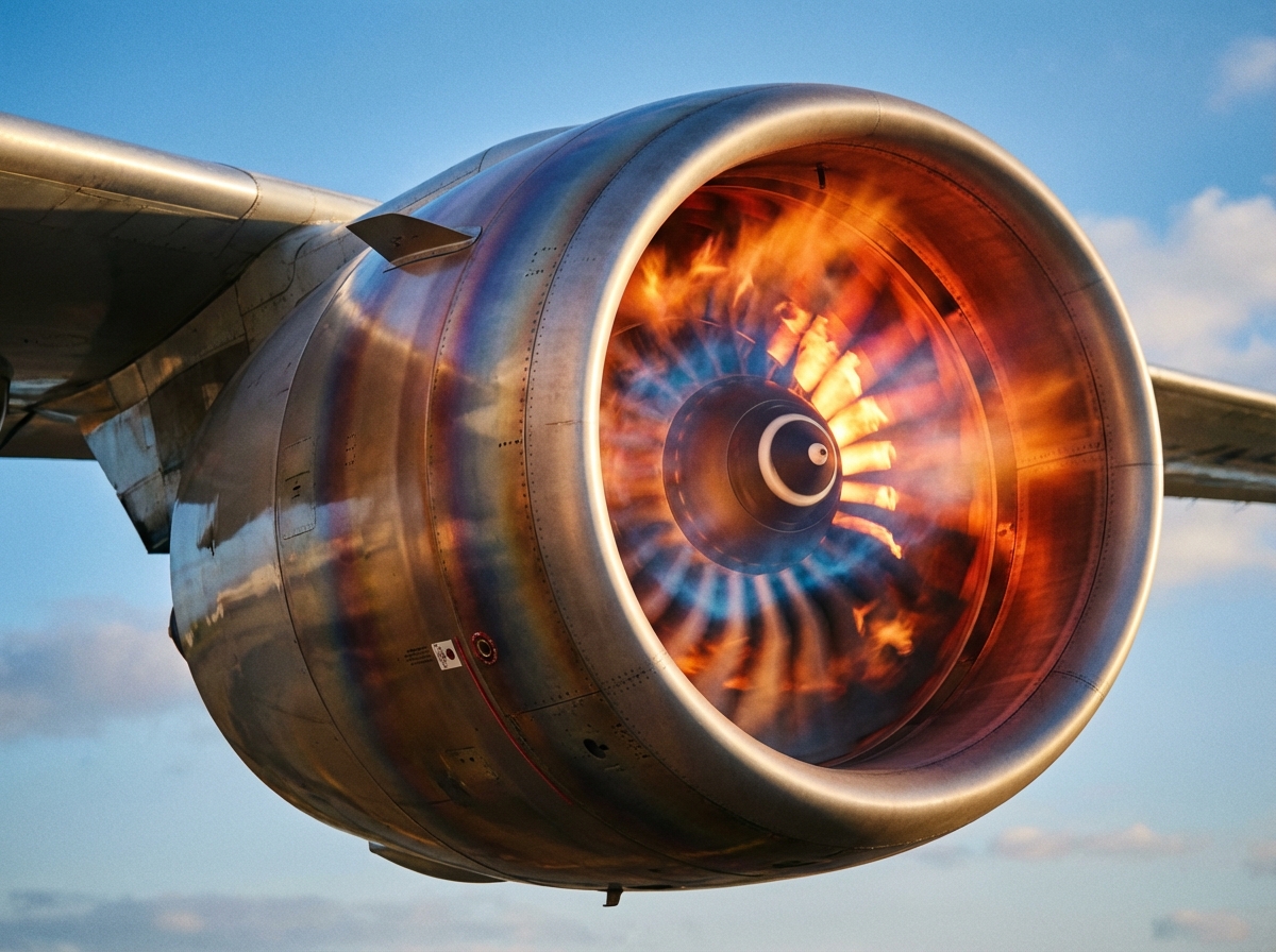 A realistic close-up shot of a modern jet engine on an airplane wing, glowing with internal heat and power, blue sky background, cinematic lighting, hyper-realistic photography, 4:3 aspect ratio, no text.