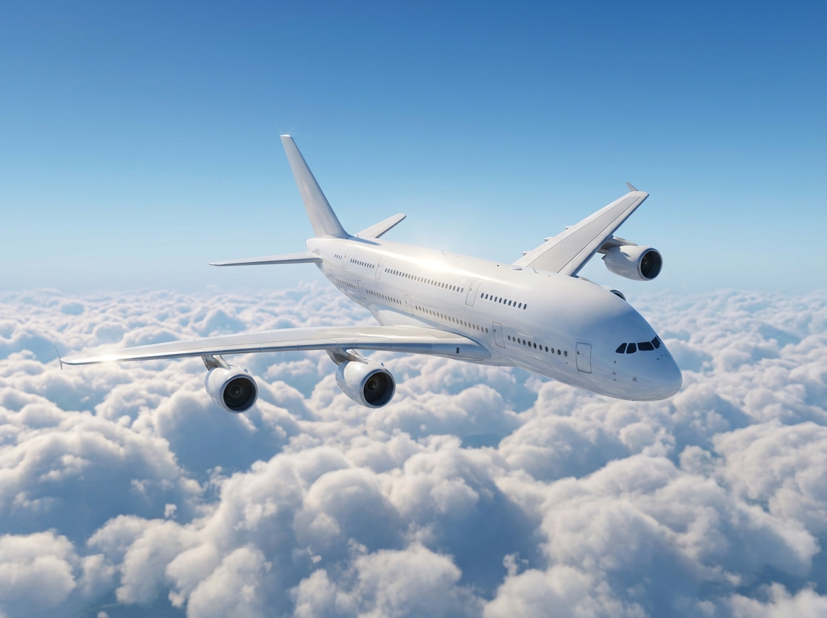 A wide-angle shot of a large white passenger airplane soaring through a clear blue sky with soft white clouds below, sunlight reflecting off the fuselage, realistic 3D rendering, 4:3 aspect ratio, no text.