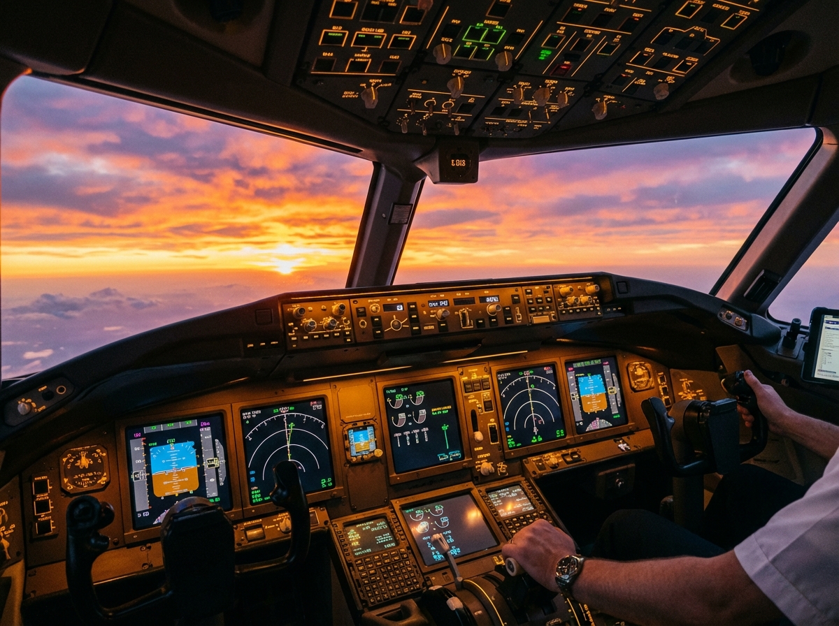 Inside a modern airplane cockpit with glowing digital screens and complex control panels, sunset view through the front window, warm and detailed atmosphere, high quality photography, 4:3 aspect ratio, no text.