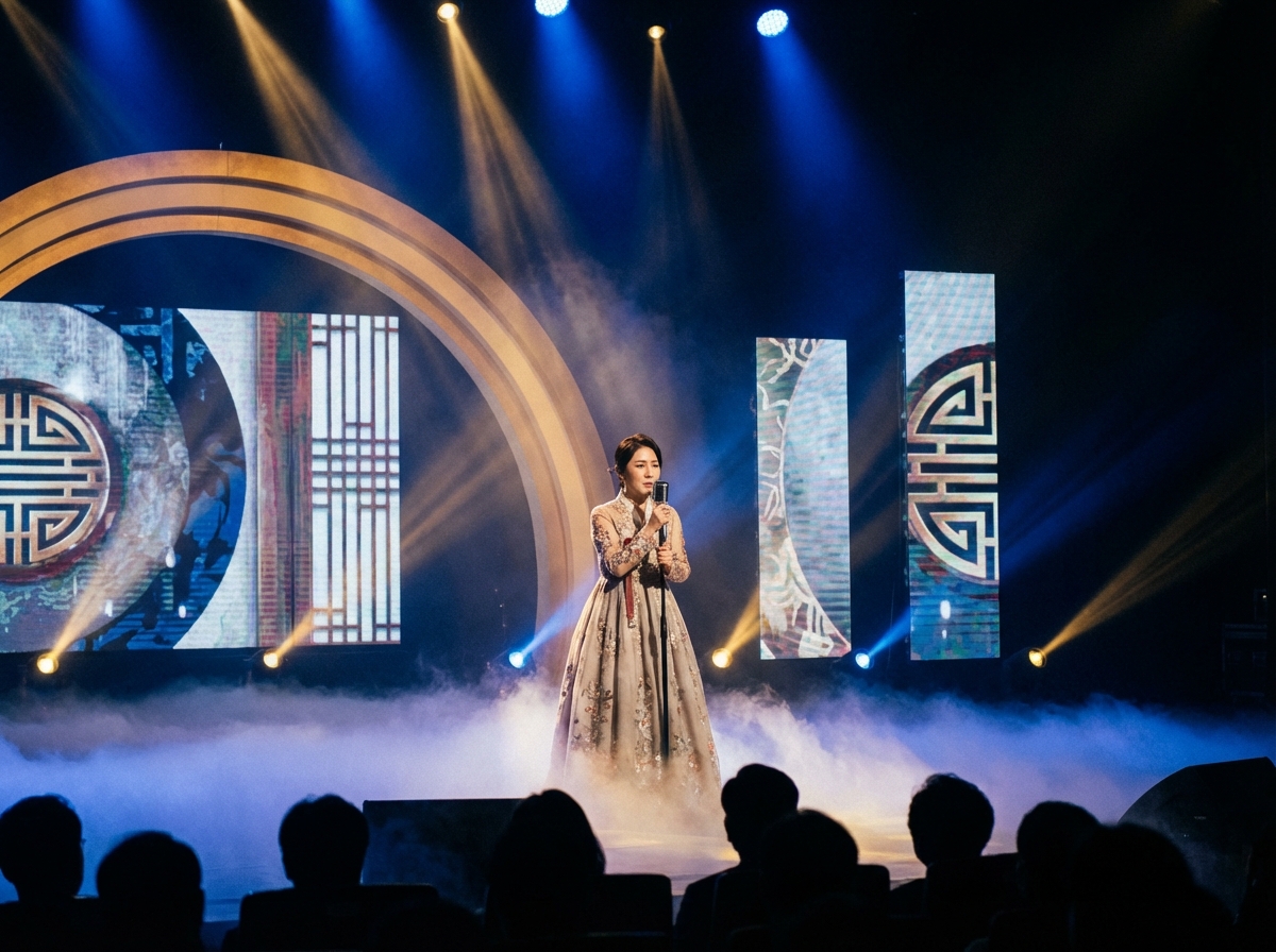 A professional trot music competition stage, a female singer holding a microphone with a serious expression, dramatic stage fog and blue and gold lighting, realistic cinematic shot, 4:3 aspect ratio, no text.