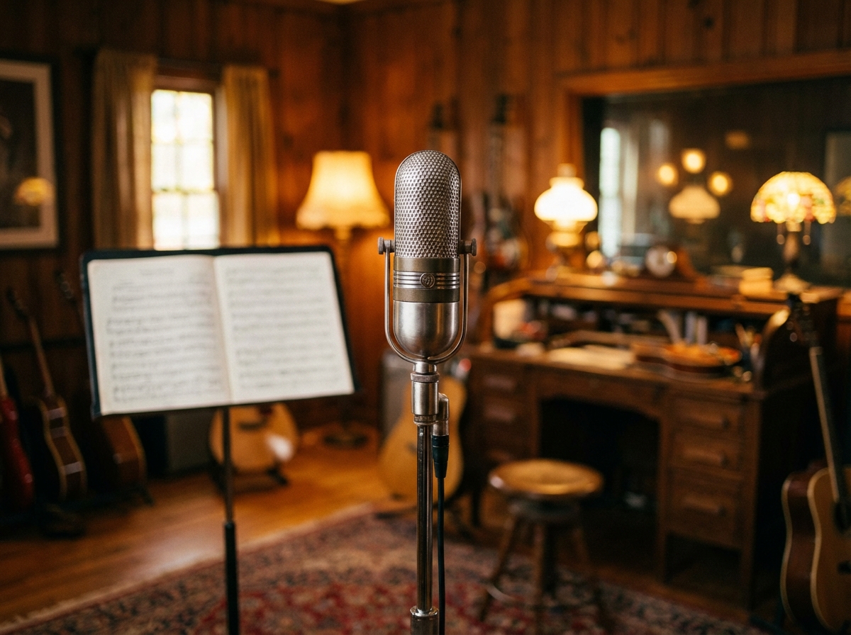 Vintage silver microphone on a stand, blurry sheet music in the background, warm wooden interior, soft bokeh lighting, elegant music studio atmosphere, 4:3 aspect ratio, no text.