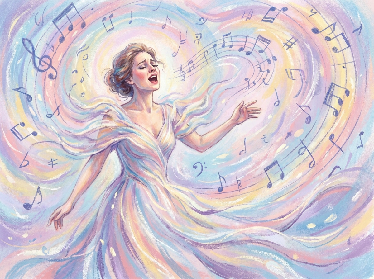 Artistic illustration of a woman expressing deep emotions through singing, flowing dress, abstract musical notes in the air, soft pastel colors, emotional atmosphere, 4:3 aspect ratio, no text.
