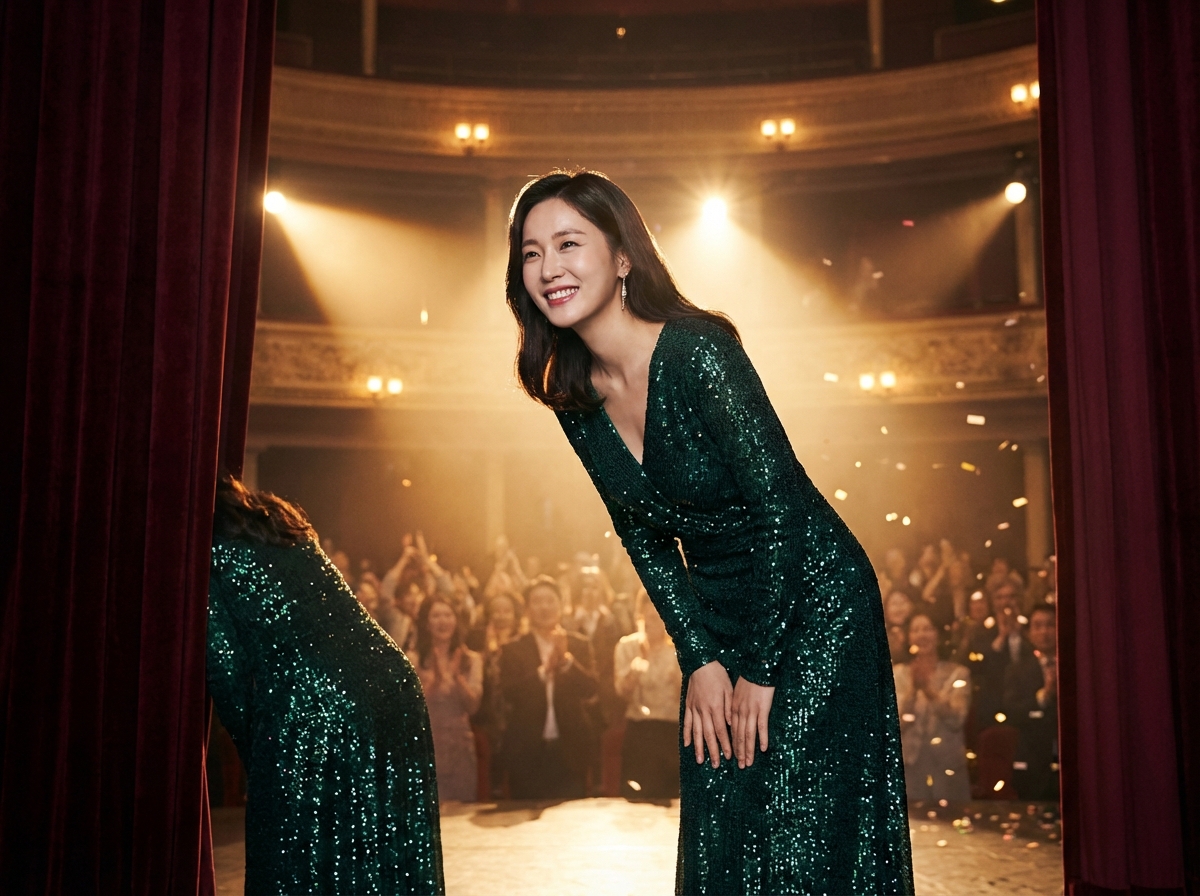 An elegant Korean woman bowing with a bright smile on a grand stage, wearing a sequined gown, stage lights shining from behind, celebratory atmosphere, high quality photography, 4:3 aspect ratio, no text.