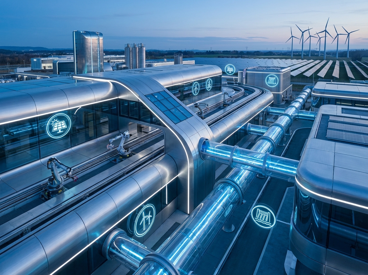 A futuristic and high-tech steel production facility integrated with clean energy symbols, sleek metallic surfaces, professional blue and silver color palette, 4:3, no text