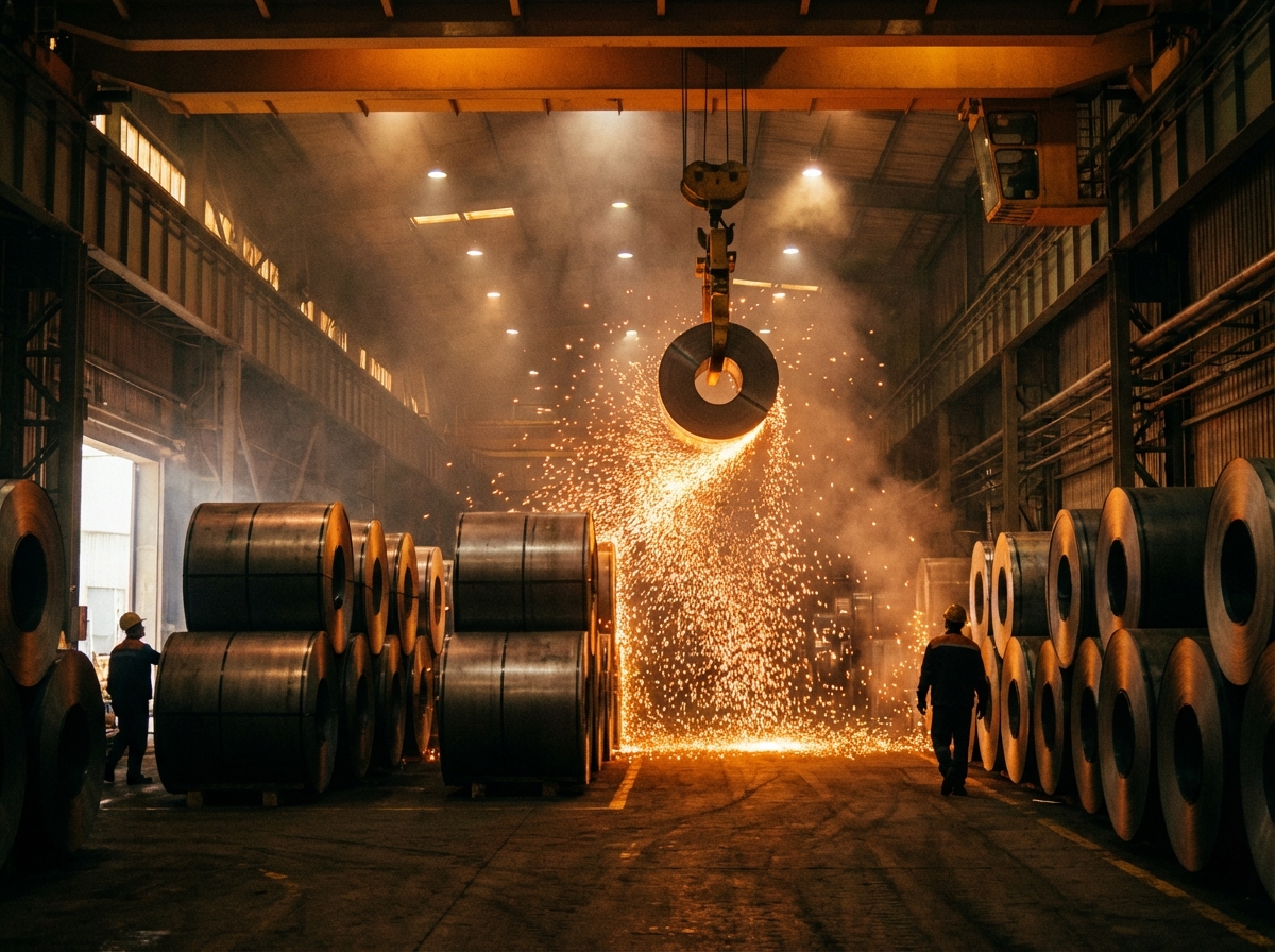 Dramatic cinematic shot of high-quality steel coils in a vast industrial warehouse, warm glowing sparks, industrial photography style, 4:3, no text