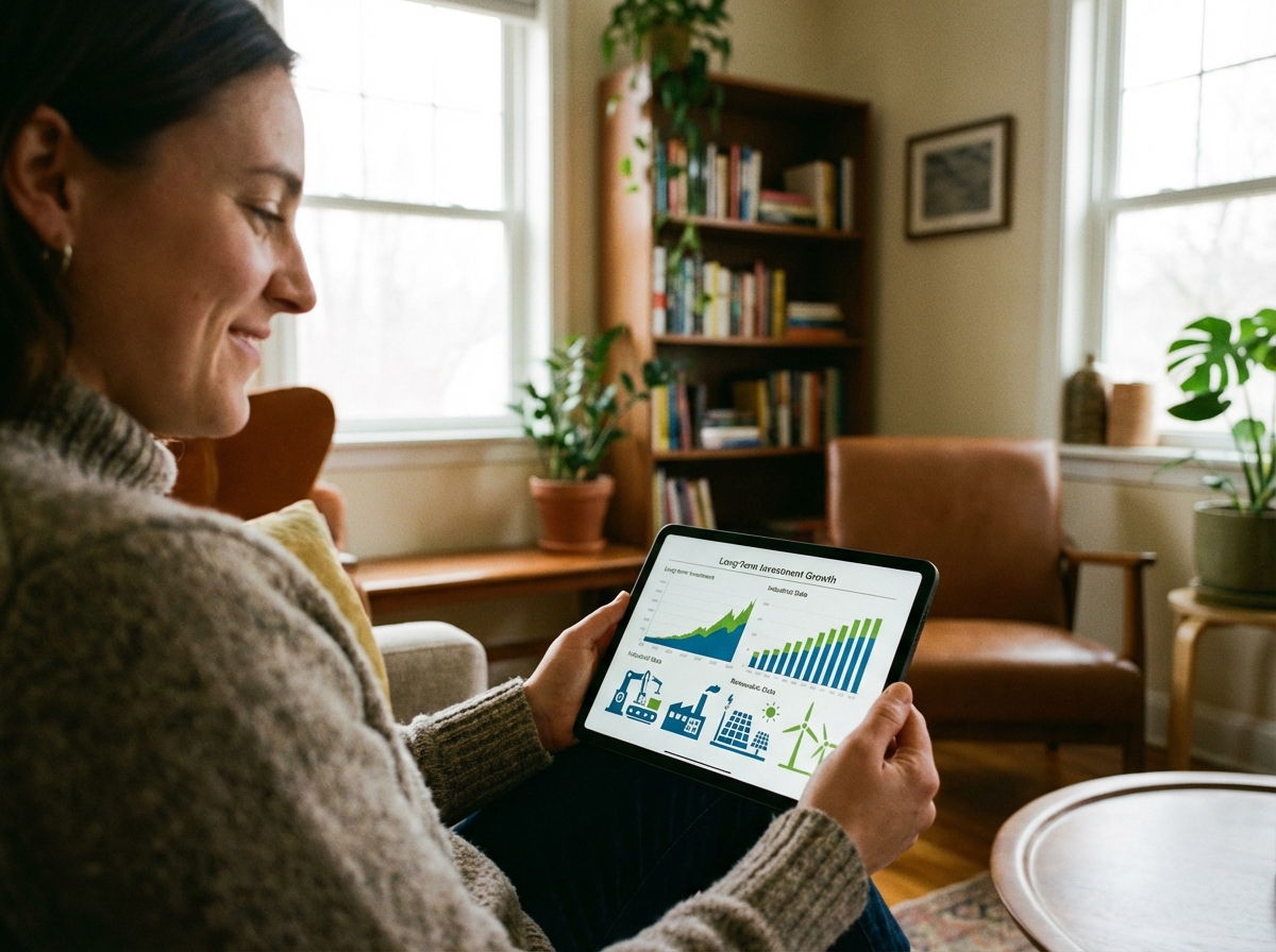 A person looking at a tablet showing long-term investment growth charts and industrial data, cozy office background with natural light, 4:3, no text