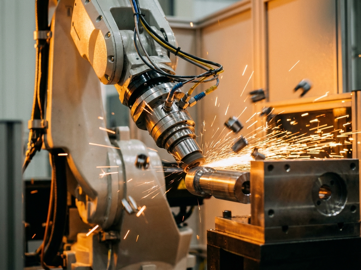 Close-up of a high-speed precision industrial robot arm working on a clean manufacturing line, sparks and metallic parts visible, sharp focus, professional industrial photography style, warm amber lighting, aspect ratio 4:3, no text
