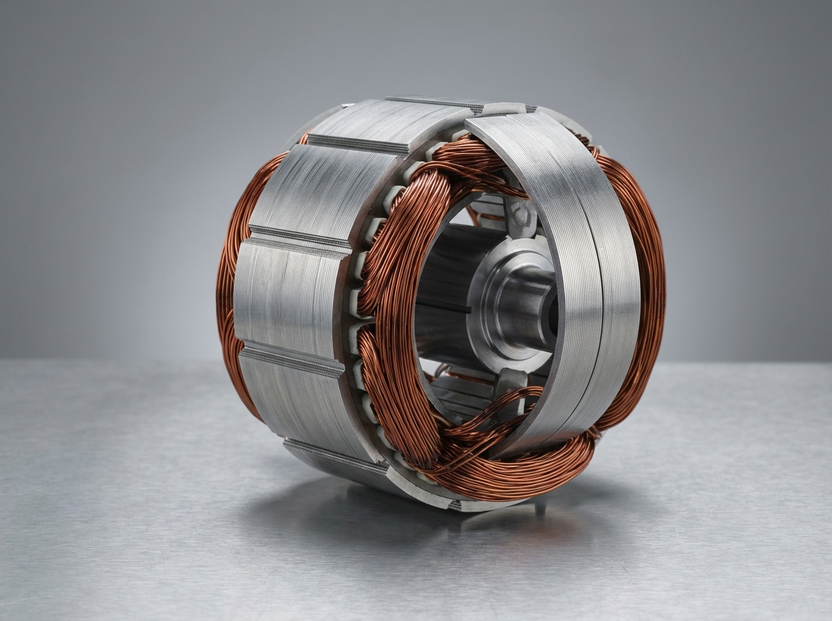 Detailed view of a high-quality electric vehicle drive motor core, copper windings and laminated steel plates clearly visible, clean studio lighting with soft shadows, industrial design aesthetic, aspect ratio 4:3, no text