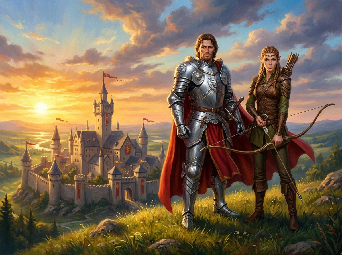 A heroic male knight in silver armor and a female elf archer with a bow standing on a grassy hill overlooking a medieval castle, golden sunset lighting, high fantasy art style, cinematic composition, vivid colors, no text, 4:3