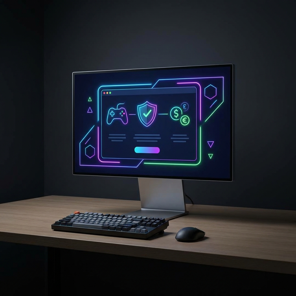 A clean and modern computer monitor displaying a digital payment interface for a game subscription, dark mode UI, glowing neon accents, high contrast, professional photography, no text, 1:1