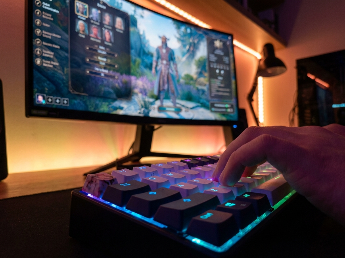 Close-up of a person hands typing on a mechanical keyboard with RGB lighting, a blurred gaming monitor in the background showing a character customization screen, atmospheric lighting, 4:3