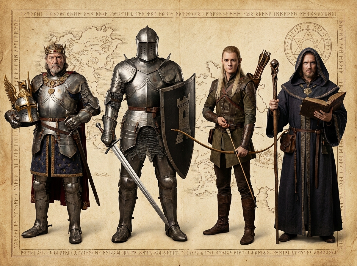 Four distinct medieval fantasy characters, a royal leader, a heavy knight, a slender elf, and a robed mage, standing in a row against a parchment background, detailed character design, 4:3