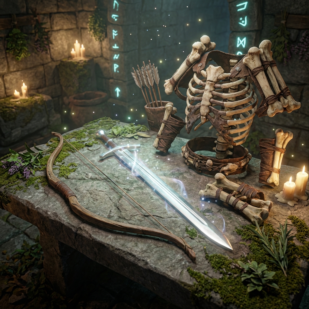 A collection of medieval RPG items including a shining silver sword, a wooden bow, and bone armor, laid out on a stone table, rustic and magical atmosphere, soft lighting, no text, 1:1