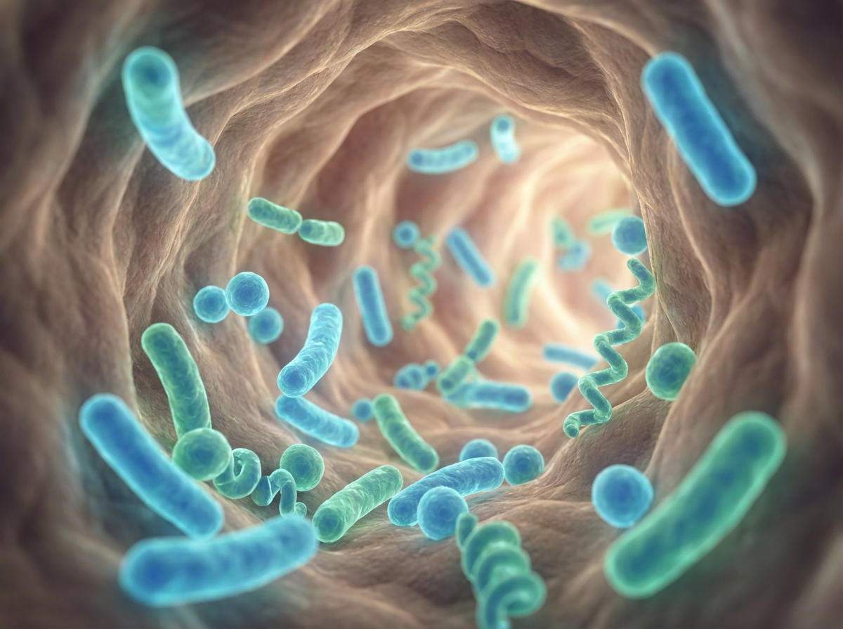 realistic 3D render of beneficial gut bacteria in a healthy intestinal environment, soft lighting, vibrant green and blue tones, scientific illustration, no text, 4:3