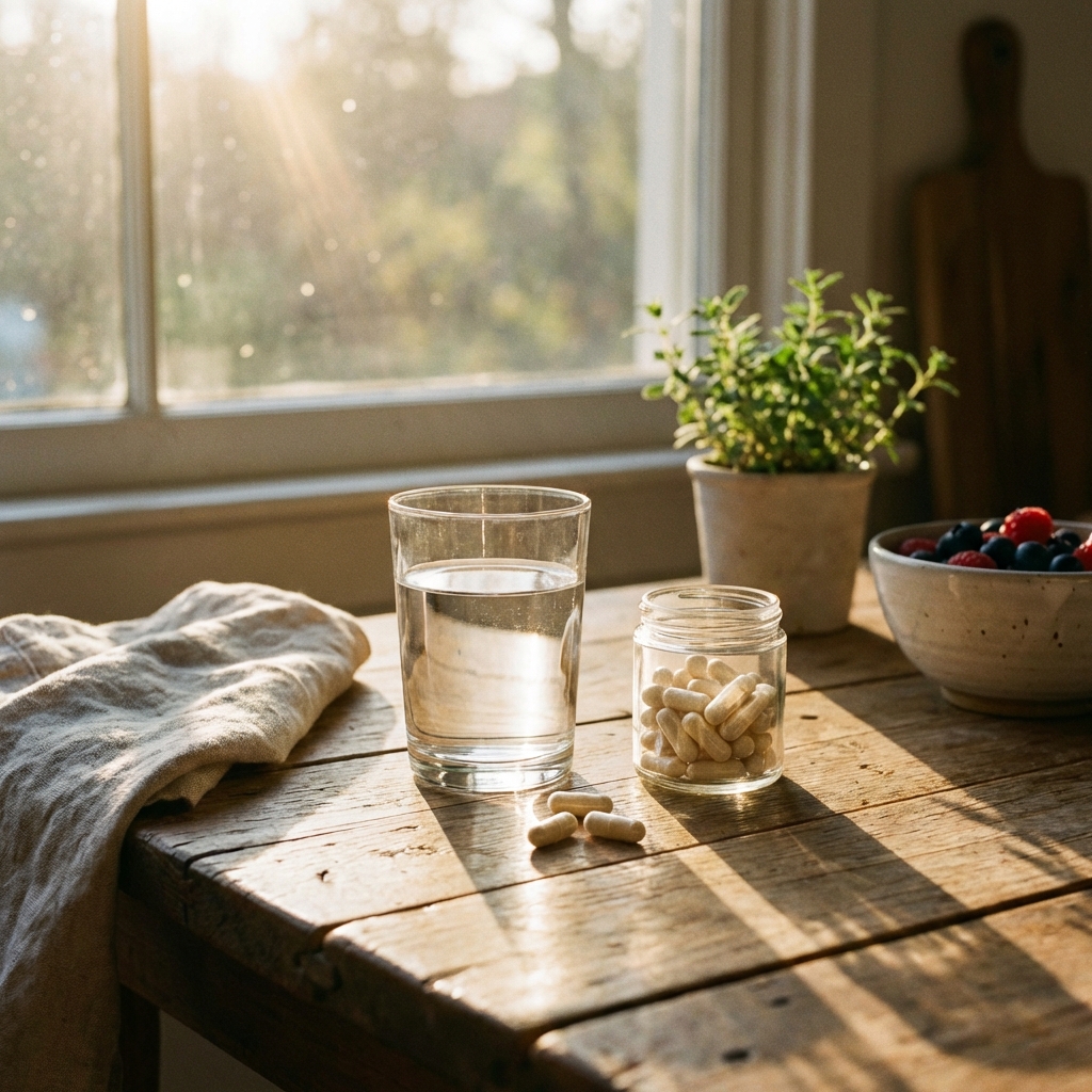 lifestyle photography of a glass of water and probiotic capsules on a wooden table, morning sunlight, fresh and healthy atmosphere, no text, 1:1