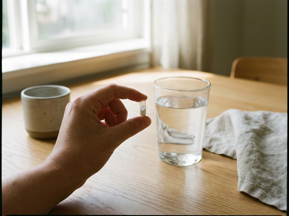 a hand holding a probiotic supplement capsule with a glass of water, natural daylight, minimalist home interior background, high quality photography, no text, 4:3