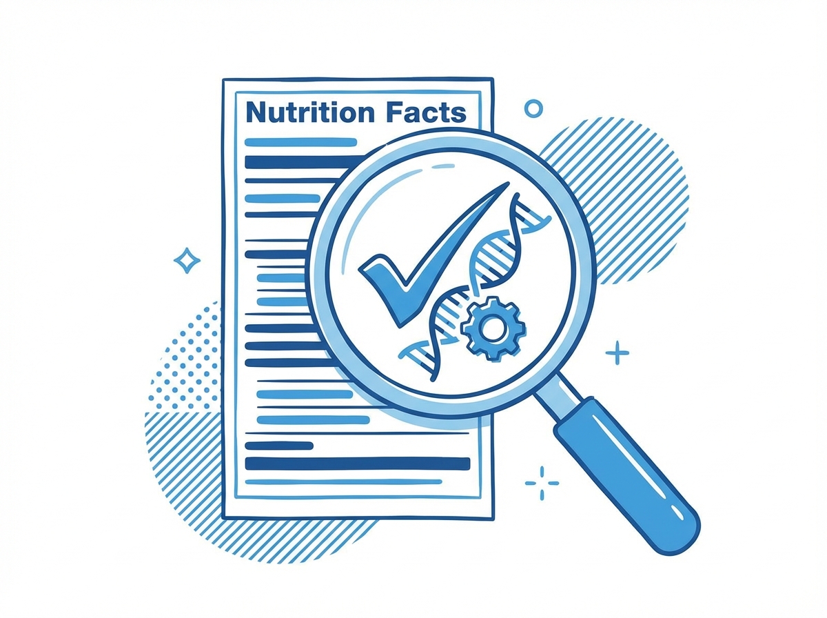 creative illustration of a magnifying glass over a nutrition facts label, clean layout, blue and white color palette, focus on quality check, no text, 4:3