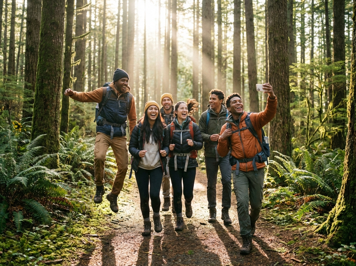 happy group of people hiking in a bright sunny forest, energetic atmosphere, natural lighting, expressive faces, high resolution photography, no text, 4:3