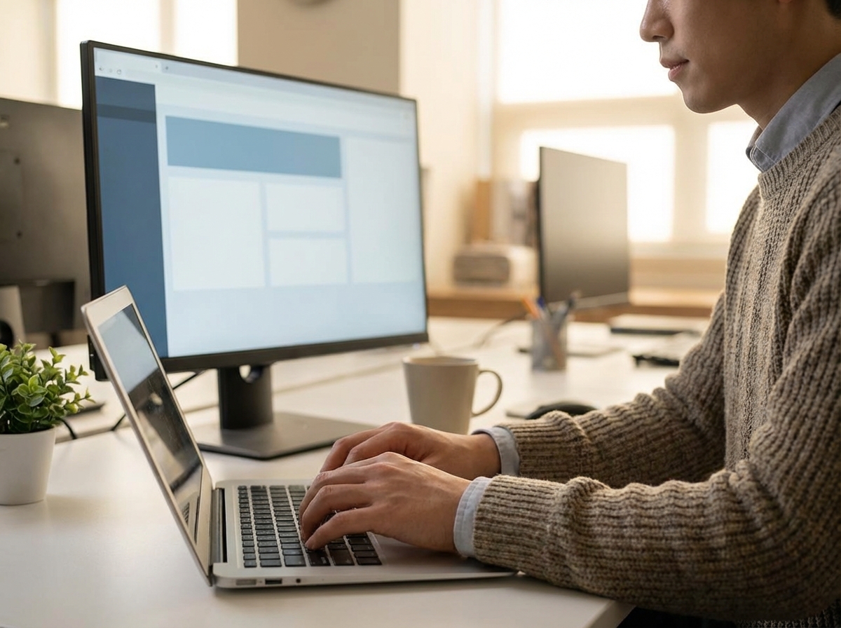 A Korean office worker sitting in front of a computer, looking at a screen with a clean web interface, focus on hands typing on a keyboard, soft office lighting, realistic lifestyle photography, 4:3 aspect ratio, no text.