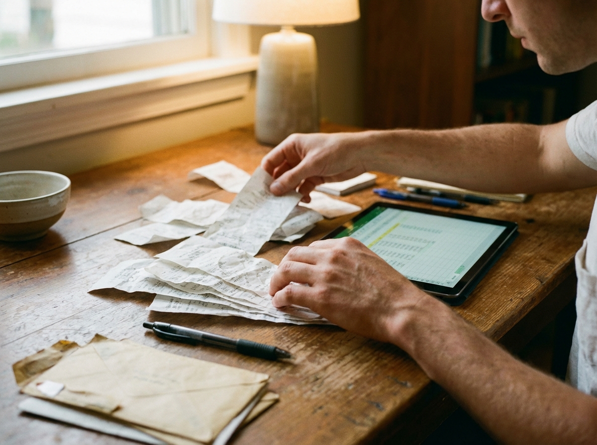 A close up shot of a person hands organizing various paper receipts and a tablet device on a clean table, warm indoor lighting, detailed and realistic composition, 4:3 aspect ratio, no text.