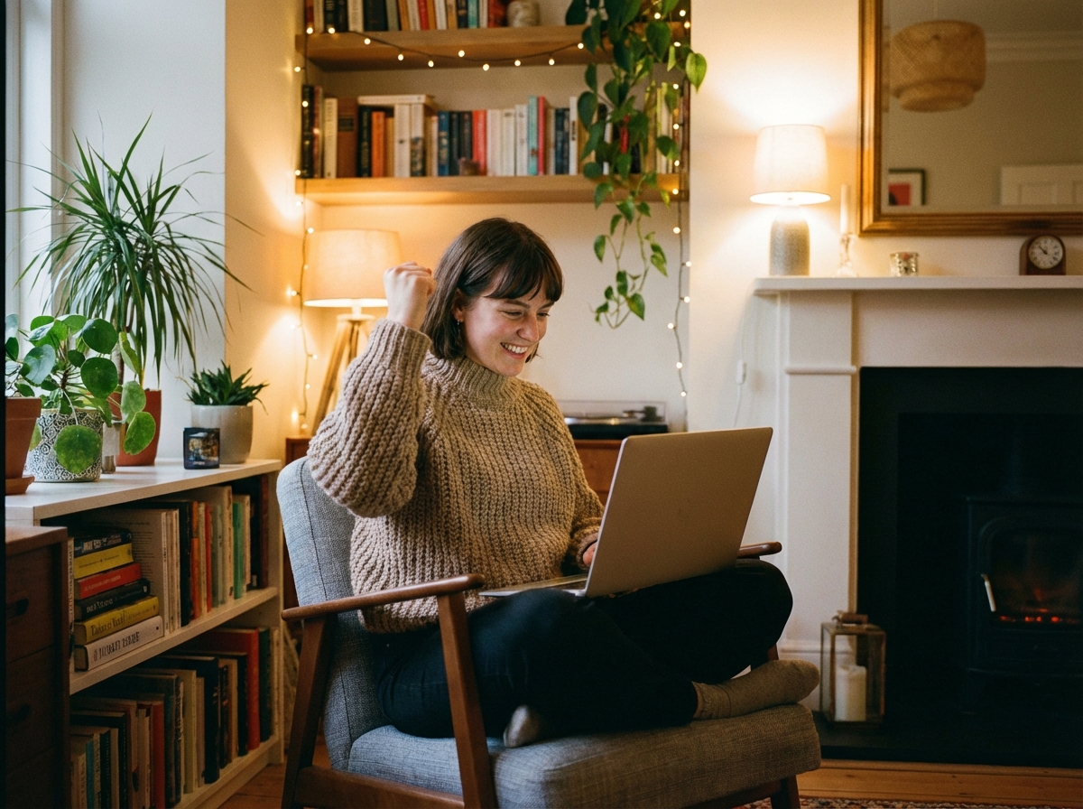 A person looking at a laptop screen in a cozy living room, raising a fist in a small celebration, warm evening atmosphere, high quality photography, 4:3 aspect ratio, no text.