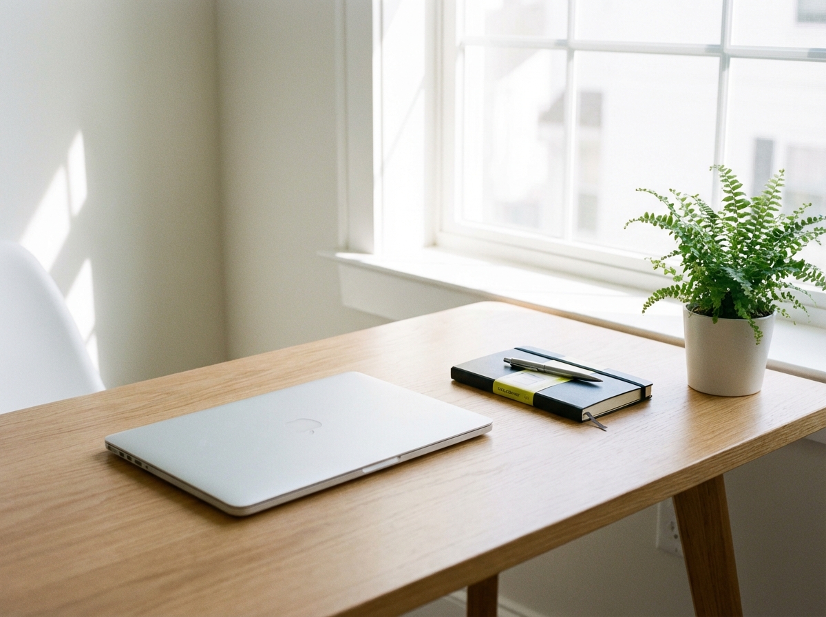 A clean desk with a laptop closed, a notebook and a pen neatly placed, a green plant in the background, calm and organized atmosphere, bright natural light, 4:3 aspect ratio, no text.