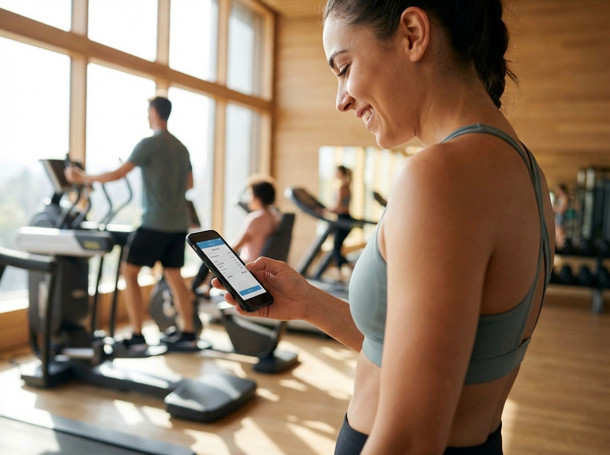 A person exercising in a modern gym with bright lighting, holding a smartphone showing a digital receipt, lifestyle photography, warm and encouraging atmosphere, aspect ratio 4:3, no text.
