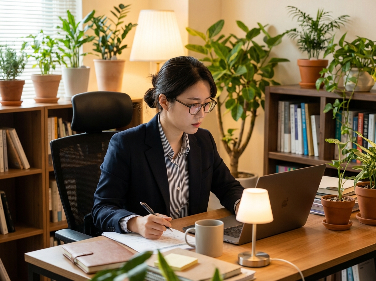 A Korean office worker in business casual attire sitting at a desk, looking at a laptop screen with focus, holding a pen and some paper documents, cozy office environment, aspect ratio 4:3, no text.